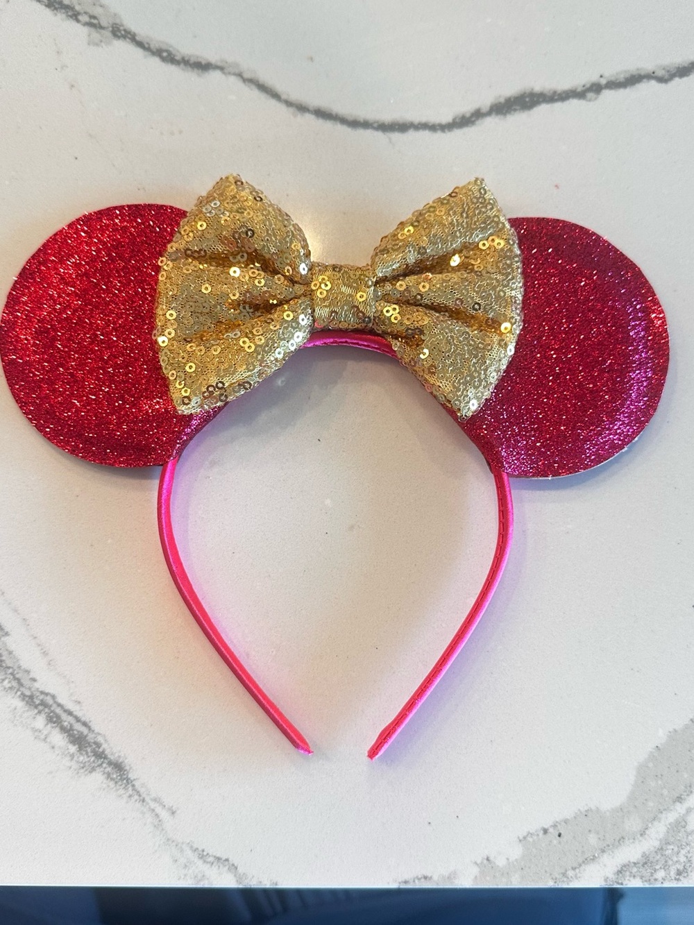 Kids Pink Glitter Mouse Ears Headband with Gold Sequin Bow